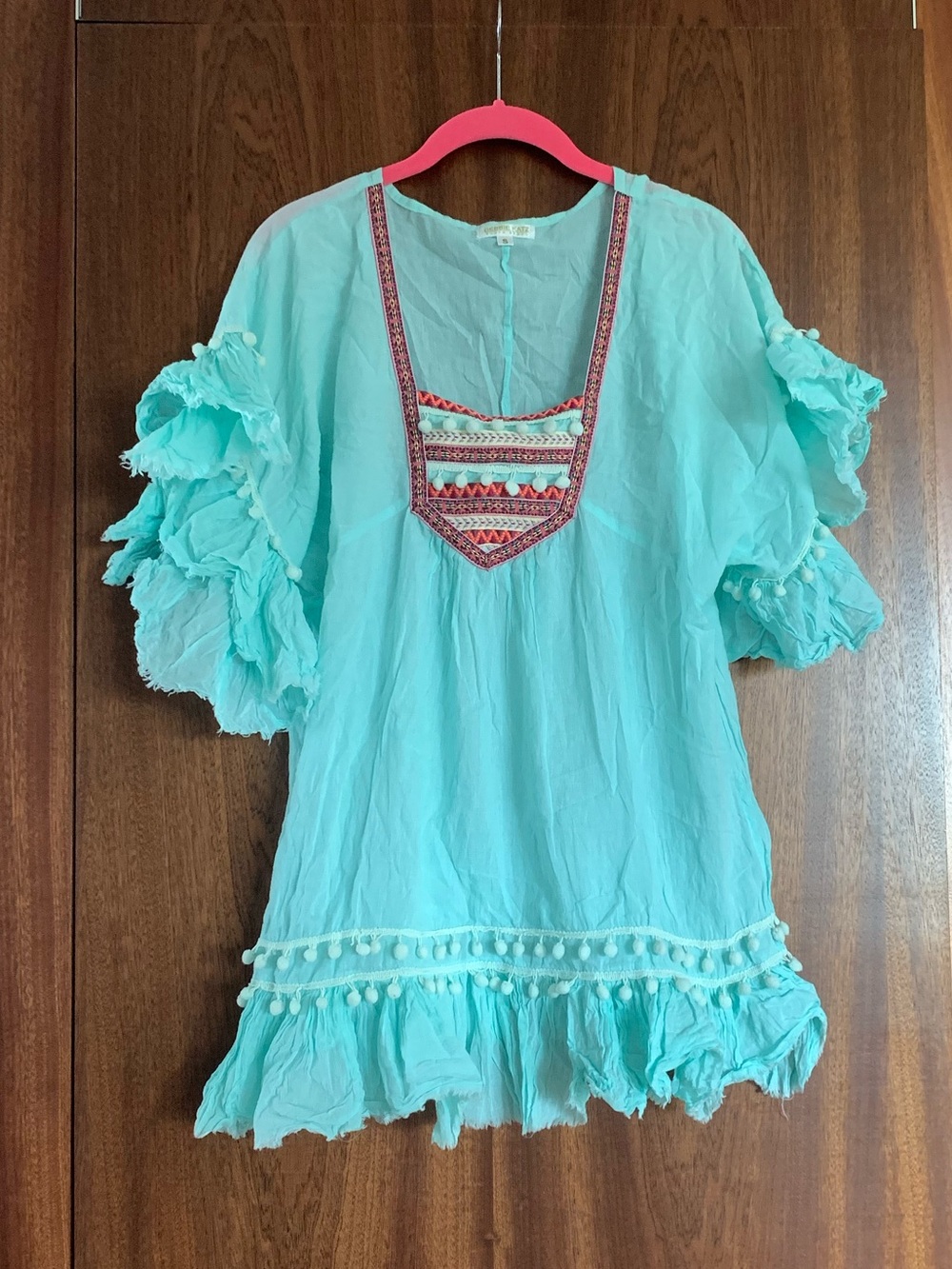 Turquoise Ruffle Boho Tunic with Embroidered V-Neck Debbie Kitz South Beach